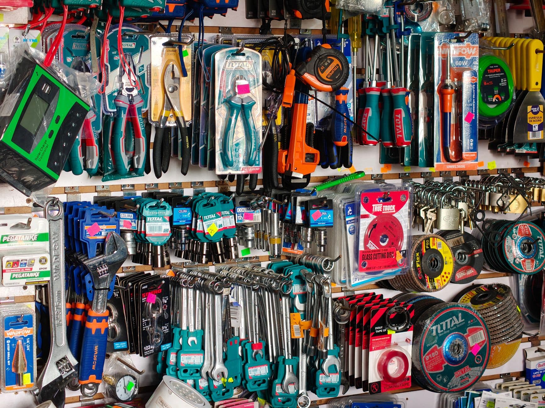 A wall display of assorted hand tools including pliers, screwdrivers and wrenches in a store